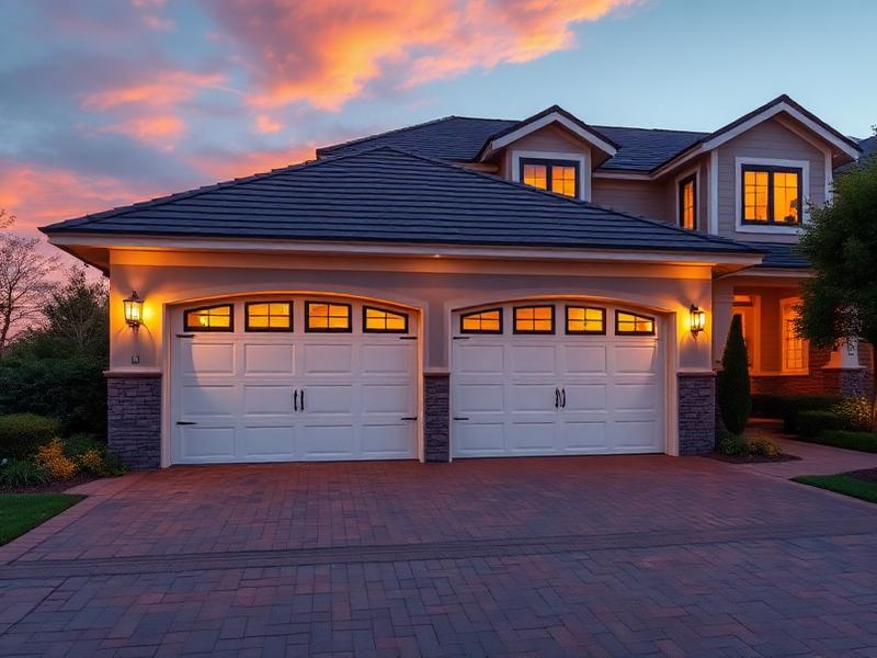 Beautiful double garage doors at sunset - residential installation